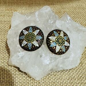 Enamel Button Stud Earrings with Intricate Design Post Backings